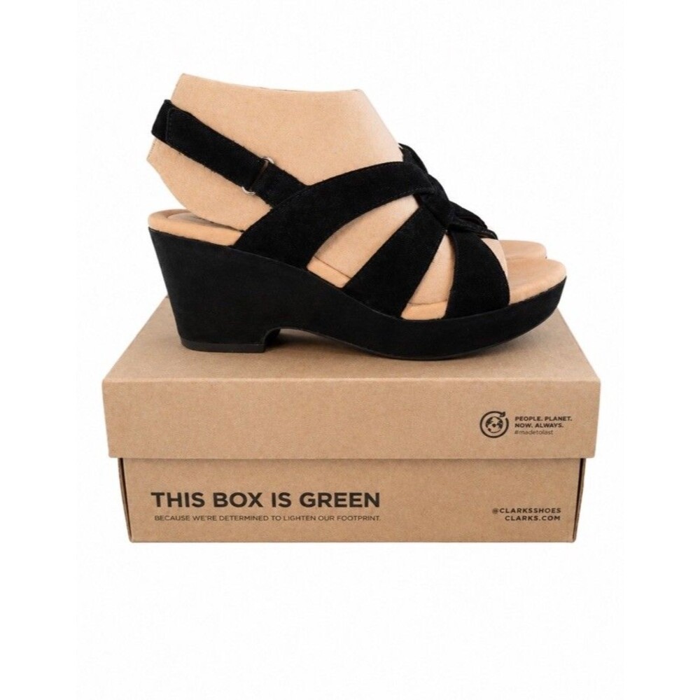 Clarks Giselle Beach Black Suede Leather Wedge Sandal US Size 8.5M New In Box